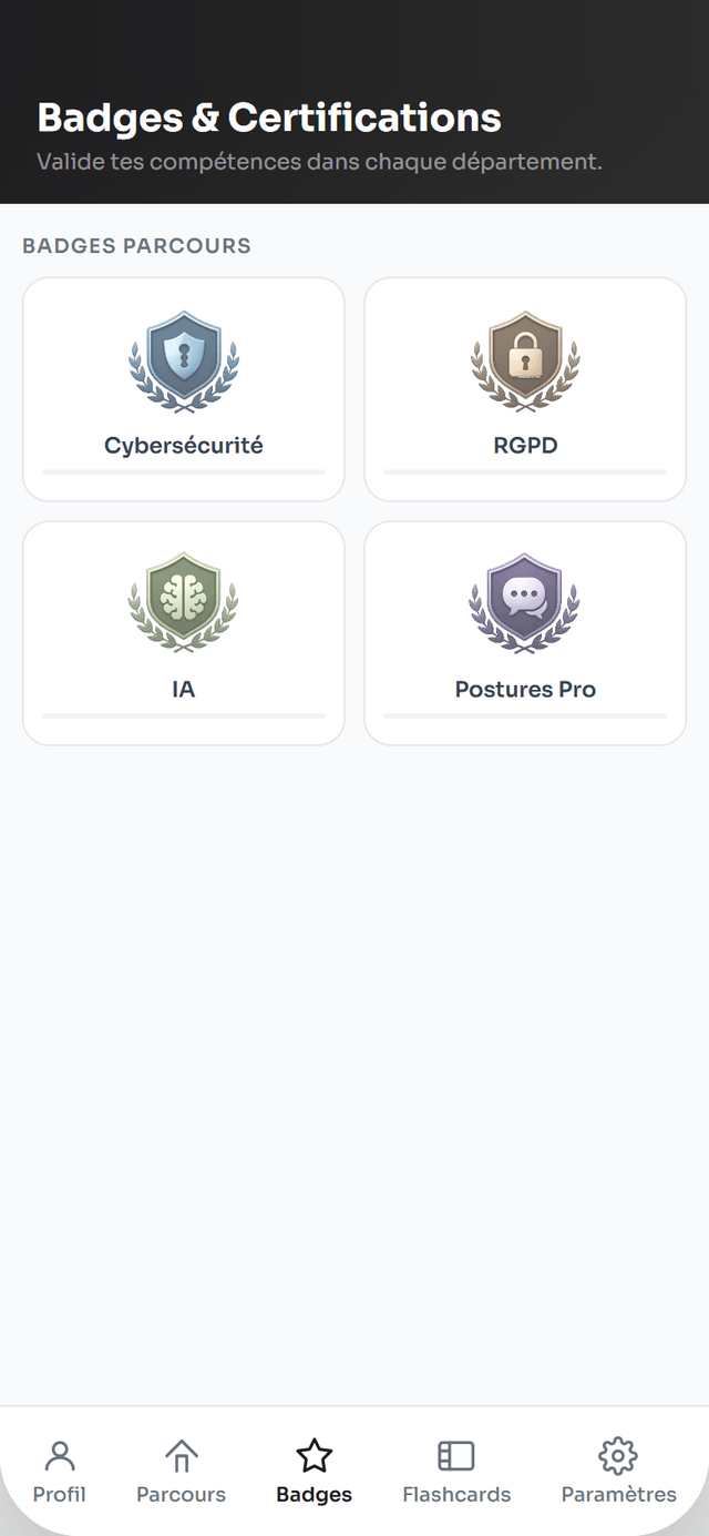 Écran badges et certifications : un badge à décrocher par département