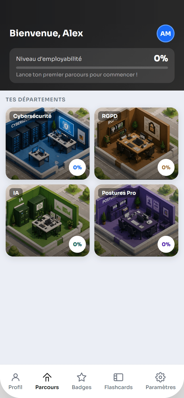 Écran d'accueil de l'application : les 4 départements à explorer (Cybersécurité, RGPD, IA, Postures Pro) et le niveau d'employabilité