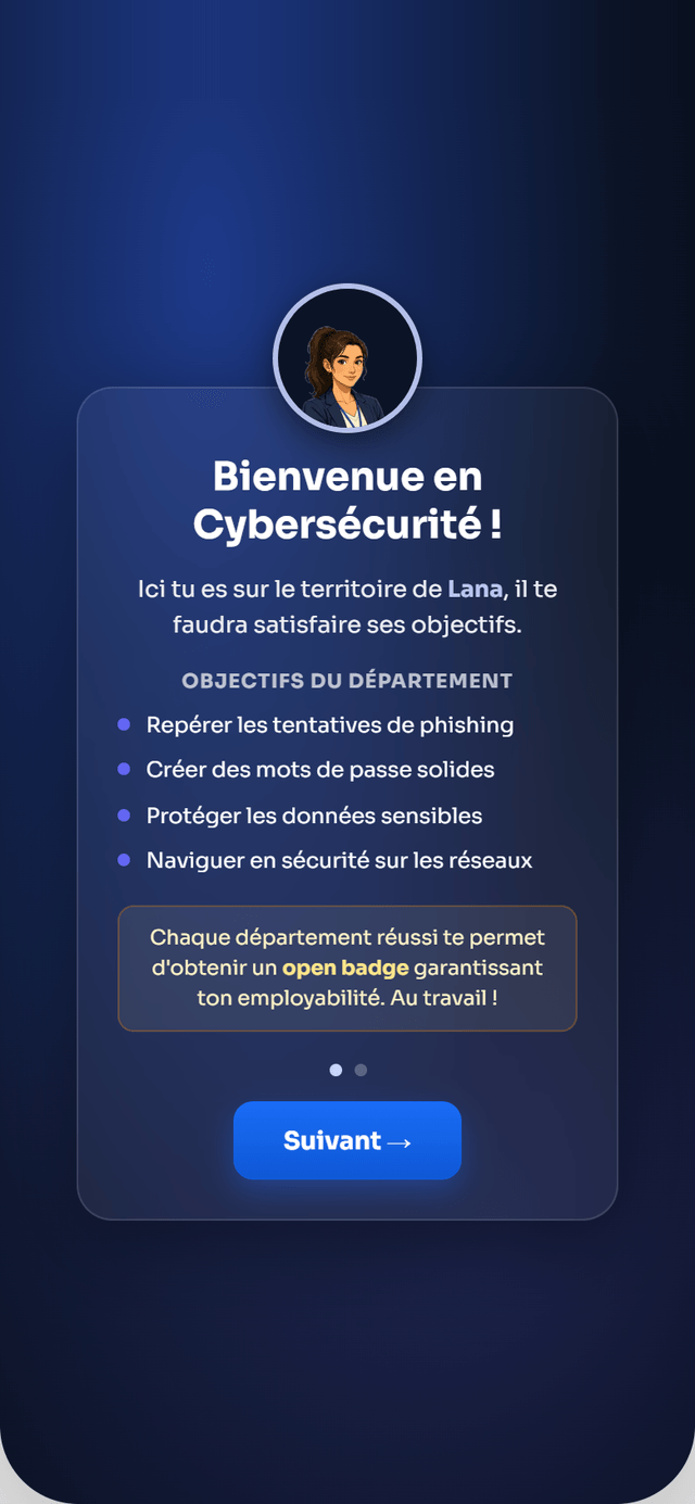 Écran d'immersion dans le département Cybersécurité : objectifs du département présentés par un personnage